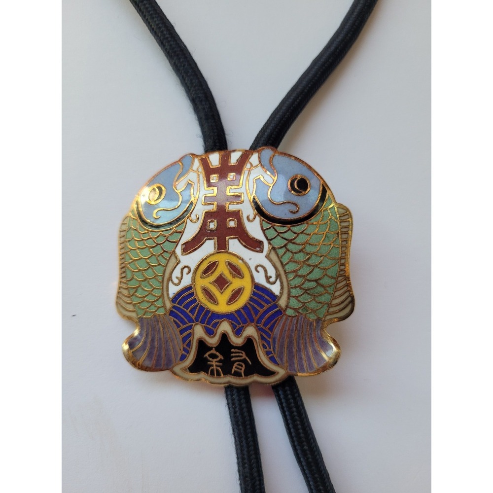 Vintage Cloisonné Double Koi Fish Bolo Tie Necklace Asian Enamel Pendant Cord